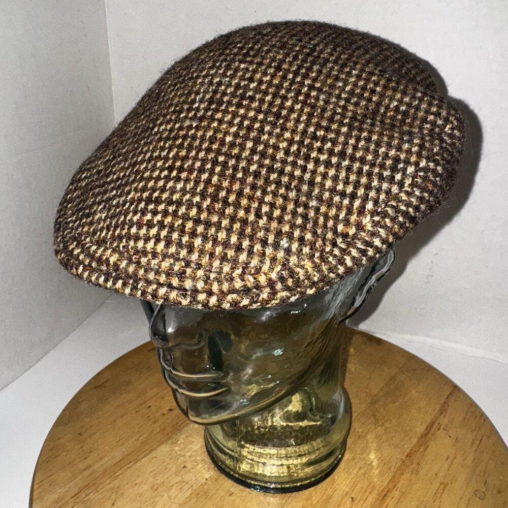 Vintage Harris Tweed Flat Cap Brown Houndstooth Wool Newsboy Ivy Hat Size 7 1/8